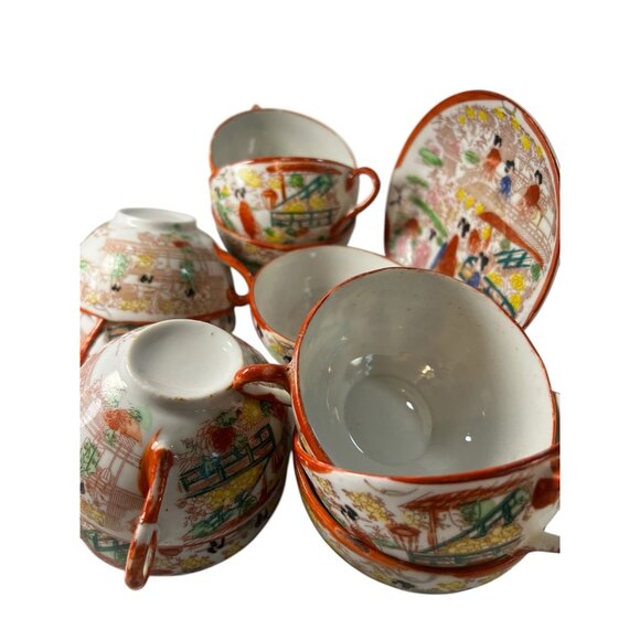 Vtg  Japanese 11 TeaCups 1 Saucer Asian Geisha Eggshell Porcelain Hand Painted - Picture 2 of 7